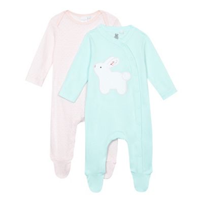 Pack of two baby girls' green and pink rabbit applique sleepsuits